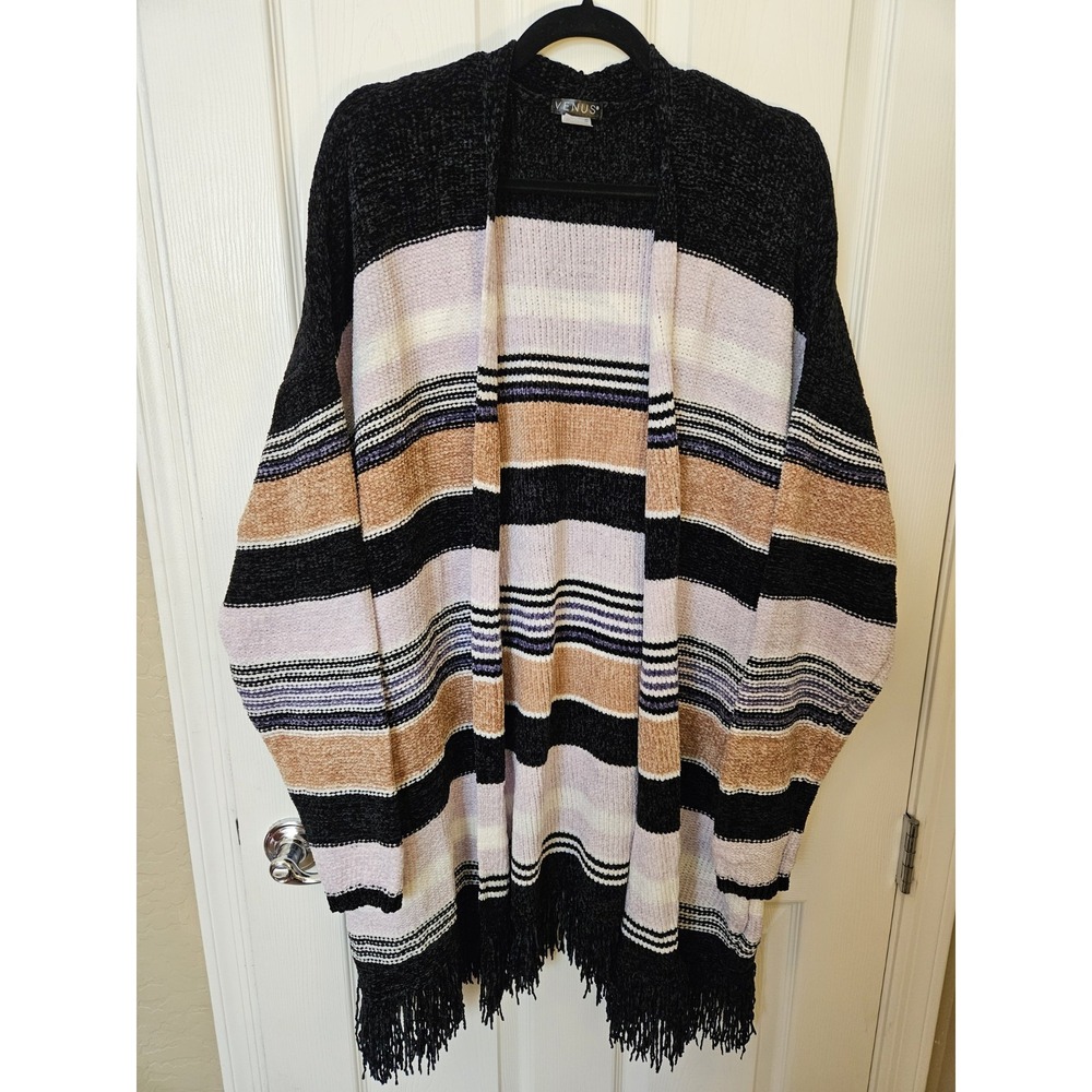 Venus Open-Front Knit Cardigan Striped Long Sleeve Fringed Hem, Plus 2X